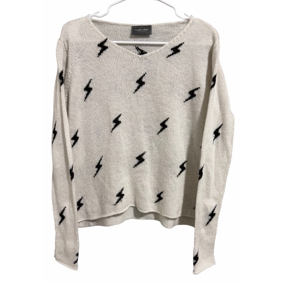 Wooden Ships Sweaters - Wooden Ships Paola Buendia White Knit Sweater W/Black Lighting Bolts Size XS/S